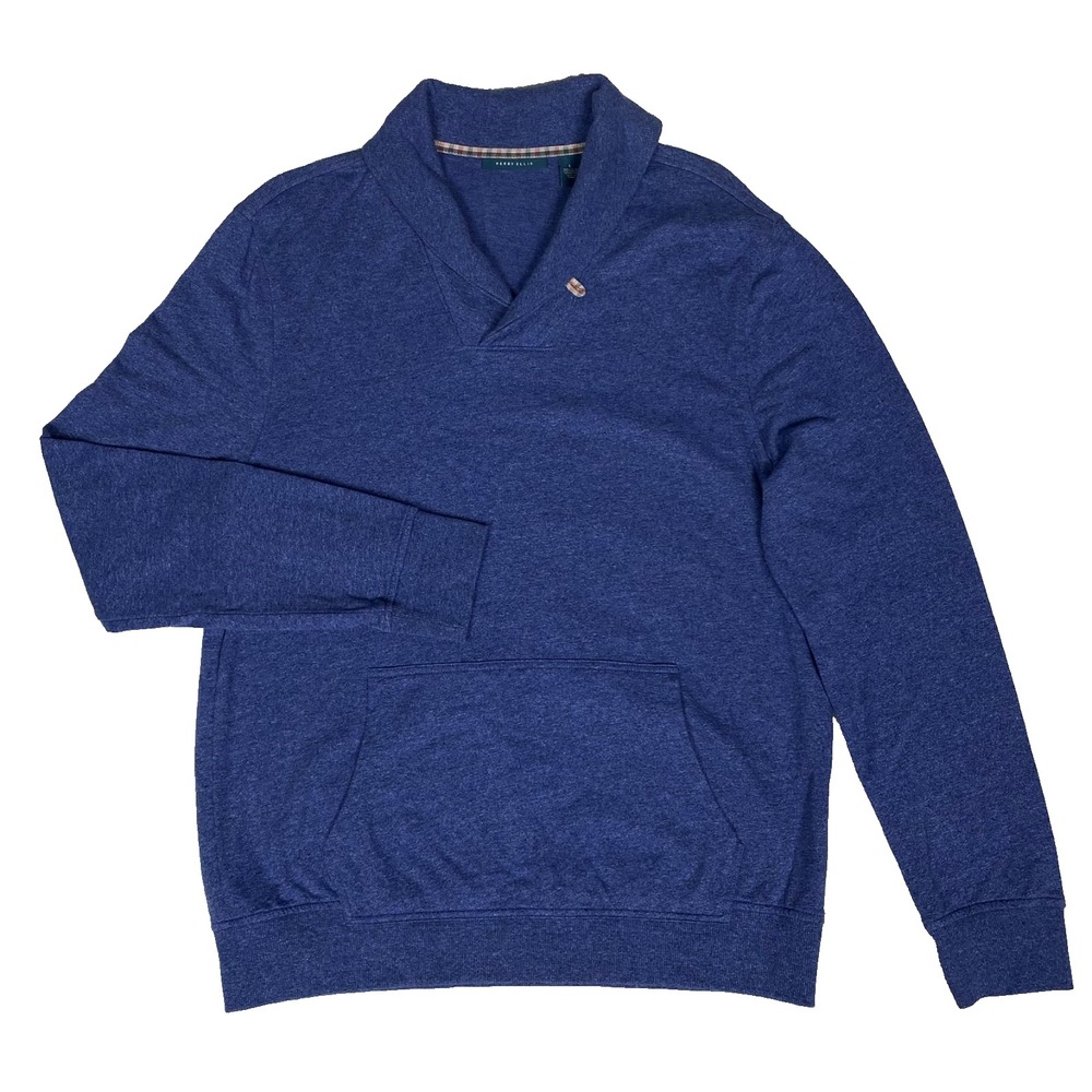 PERRY ELLIS Sweatshirt  Pullover Jersey Men's L  Shawl Neck Long Slv Blue Cotton